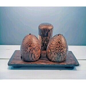 Palm Wood Salt &  Pepper Shakers Set w/ Tray & Tookpick Holder Rustic Farmhouse